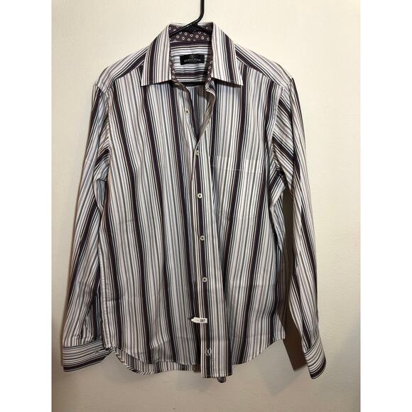 Bugatchi Shirt Mens Sz Medium Purple Striped Flip Cuff Long Sleeve Button Up - Picture 2 of 8